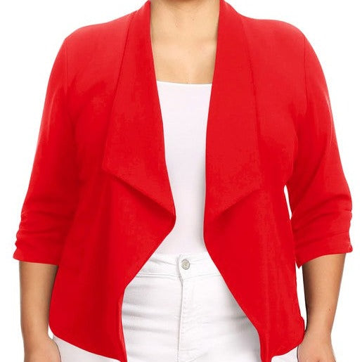 Our Plus Size Solid Waist Length Blazer featuring a relaxed fit and open front, designed in a waist-length style, complete with a draped neckline and rolled-up sleeves with ruched detailing.