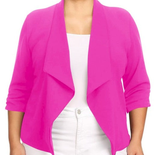 Our Plus Size Solid Waist Length Blazer featuring a relaxed fit and open front, designed in a waist-length style, complete with a draped neckline and rolled-up sleeves with ruched detailing.