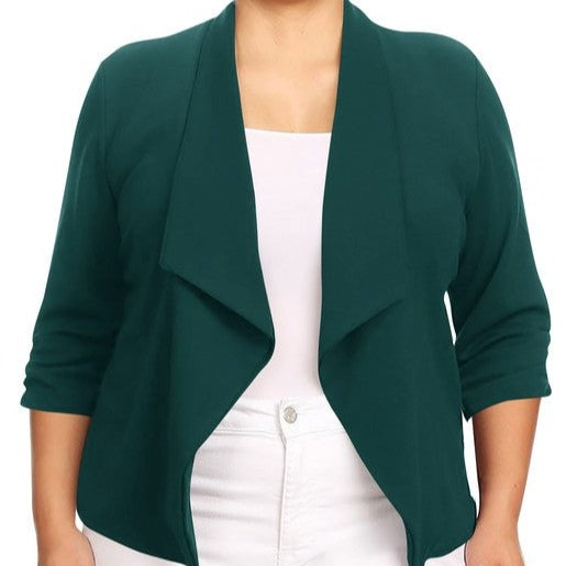 Our Plus Size Solid Waist Length Blazer featuring a relaxed fit and open front, designed in a waist-length style, complete with a draped neckline and rolled-up sleeves with ruched detailing.