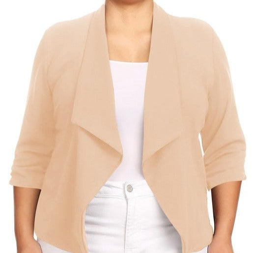 Our Plus Size Solid Waist Length Blazer featuring a relaxed fit and open front, designed in a waist-length style, complete with a draped neckline and rolled-up sleeves with ruched detailing.