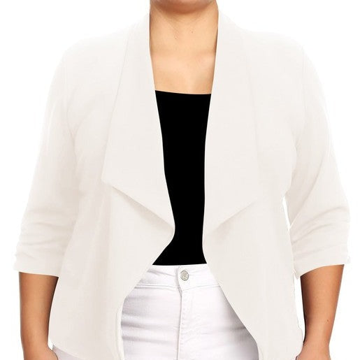 Our Plus Size Solid Waist Length Blazer featuring a relaxed fit and open front, designed in a waist-length style, complete with a draped neckline and rolled-up sleeves with ruched detailing.