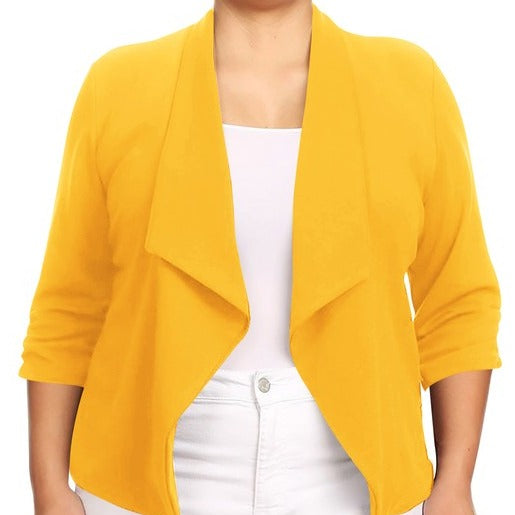 Our Plus Size Solid Waist Length Blazer featuring a relaxed fit and open front, designed in a waist-length style, complete with a draped neckline and rolled-up sleeves with ruched detailing.