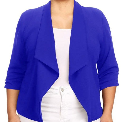 Our Plus Size Solid Waist Length Blazer featuring a relaxed fit and open front, designed in a waist-length style, complete with a draped neckline and rolled-up sleeves with ruched detailing.