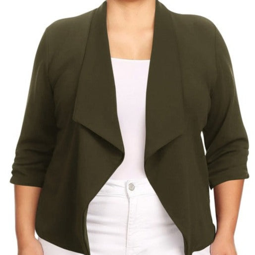 Our Plus Size Solid Waist Length Blazer featuring a relaxed fit and open front, designed in a waist-length style, complete with a draped neckline and rolled-up sleeves with ruched detailing.