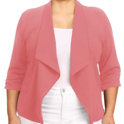 Our Plus Size Solid Waist Length Blazer featuring a relaxed fit and open front, designed in a waist-length style, complete with a draped neckline and rolled-up sleeves with ruched detailing.