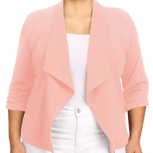 Our Plus Size Solid Waist Length Blazer featuring a relaxed fit and open front, designed in a waist-length style, complete with a draped neckline and rolled-up sleeves with ruched detailing.