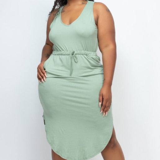 This Plus Size Drawstring Sleeveless Midi Dress is constructed of lightweight, high-stretch jersey fabric that provides both softness and ease of mobility. The side pockets facilitate a relaxed fit, making it ideal for everyday.