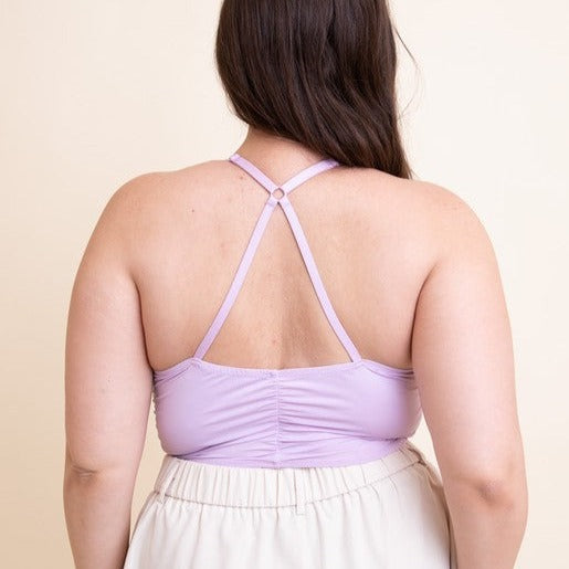 When you want to look sexy, but also feel comfy—what's a better way to do that than in this super comfortable Ruched Crossed Back Strap Bralette.