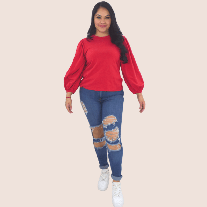 Our Balloon Long Sleeve Top will add a Victorian elegance to your wardrobe. The pull-over style features oversized balloon long sleeves and a round neckline.