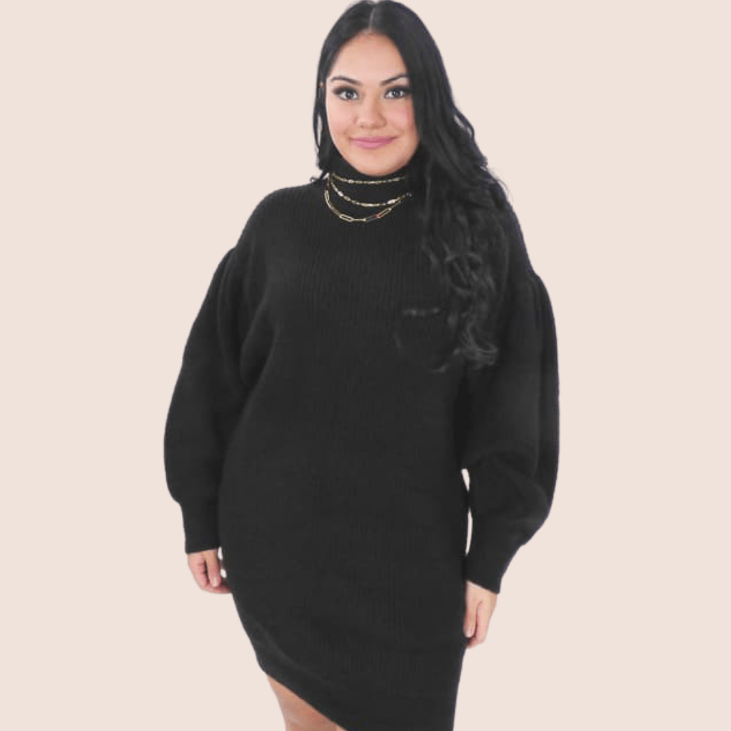 A dress to keep you cozy through the winter, the Balloon Sleeve Sweater Dress is a slightly loose fit. This long sleeve dress is comfortable and easy to wear.