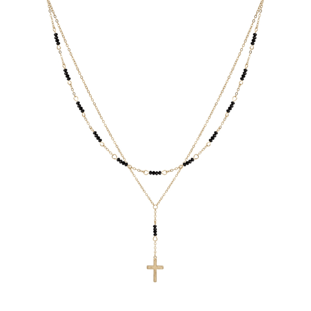 This Gold and Black Crystal with Cross 18" Layered Necklace is a piece that you can wear every day. This necklace features two layers of gold tone metal with crystals and a cross as the centerpiece.