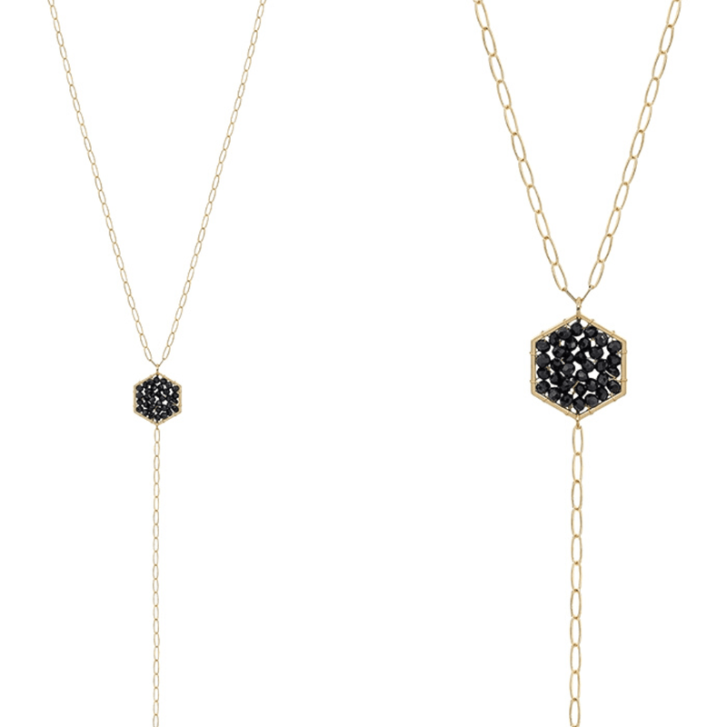 Beautiful, delicate and classic, our Crystal Hexagon Y Drop 32" Necklace looks stunning when worn. It has a beautiful gold color and black colored crystals.