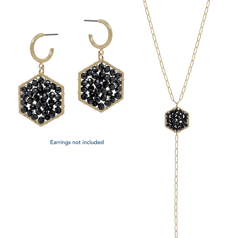 Beautiful, delicate and classic, our Crystal Hexagon Y Drop 32" Necklace looks stunning when worn. It has a beautiful gold color and black colored crystals.
