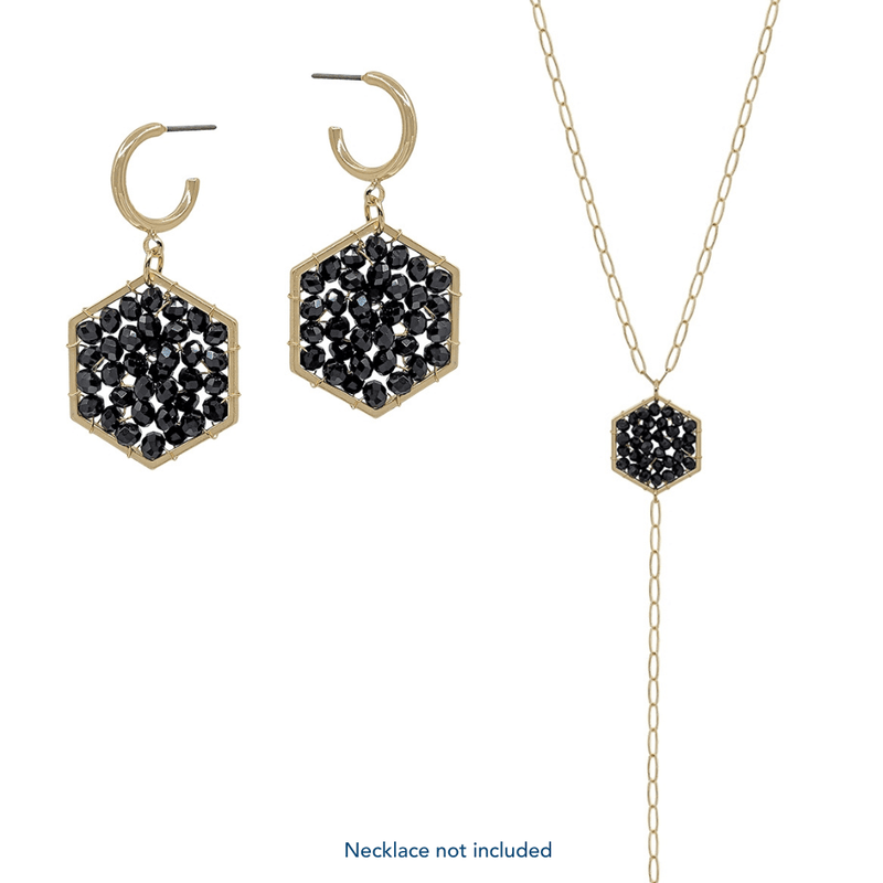 Style your outfit with our Crystal Hexagon 1.5" Drop Earring. Each earring has black colored crystals that add extra glamour and sparkle!.