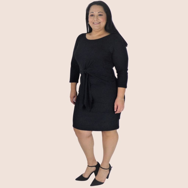 Peekaboo Bow Tie Plus Dress gives the impression of a two piece set while providing the comfort of a one piece dress. Great for the office or a night out