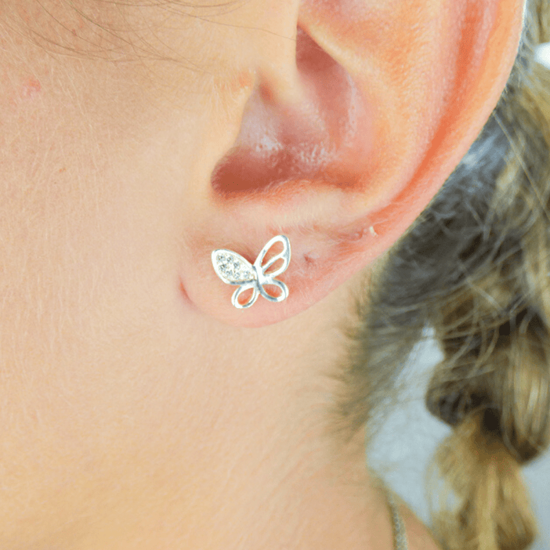Crafted from fine sterling silver, these earrings feature cubic zirconia stones in a butterfly desig. A perfect gift for any occasion.