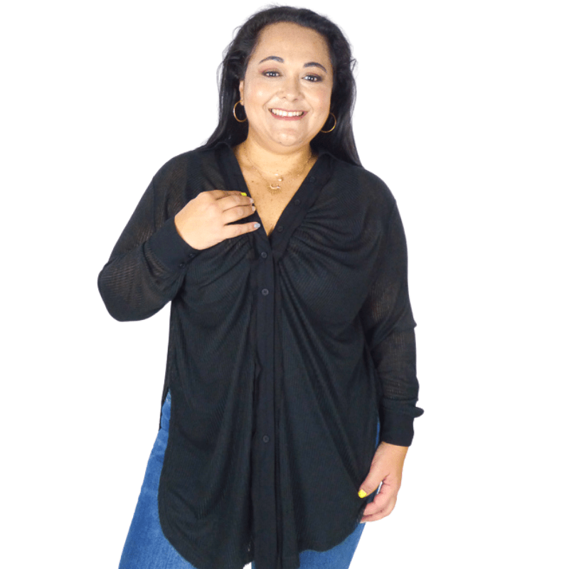 The Solid Button Down Ruched Plus Size Shirt will soon become your favorite go-to shirt. It's a loose fit and lands below the hips, giving you room to move.