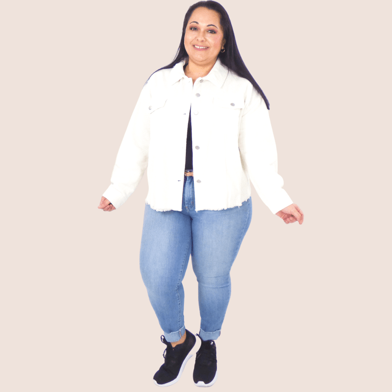 This Corduroy Jacket features drop shoulders, front pocket details, and the raw edge hemline details on the bodice. This is a great layering piece!