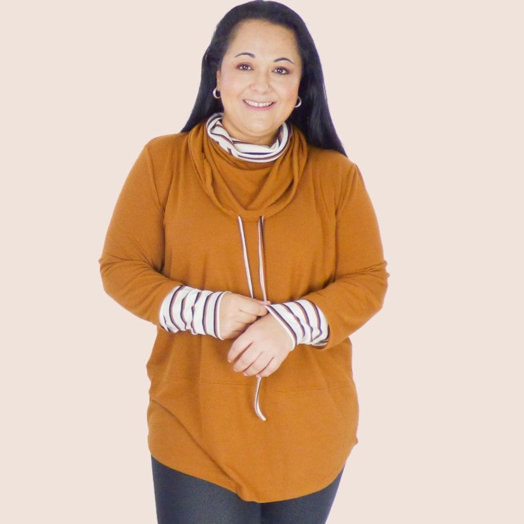 Double cowl neck and wrist details plus size pullover gives the impression of wearing layers. Warm and light, the perfect top for all seasons.