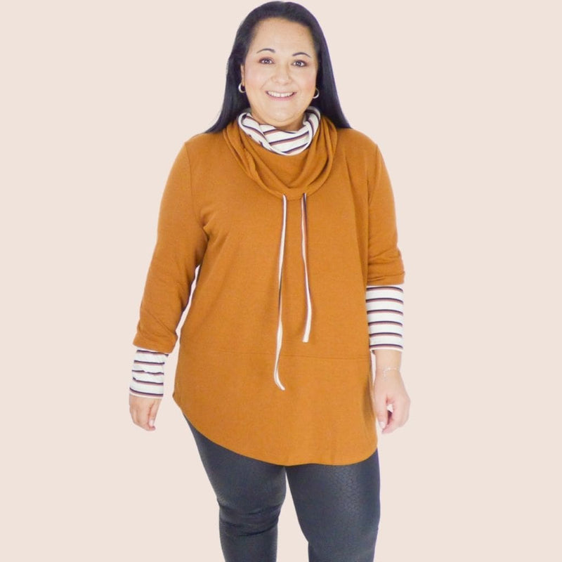 Double cowl neck and wrist details plus size pullover gives the impression of wearing layers. Warm and light, the perfect top for all seasons.