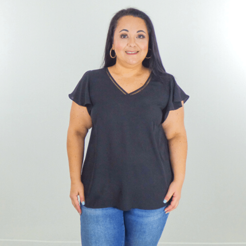 Look chic while staying comfortable in our plus-size lace v-neck woven top. Wear it by itself, or layer it under a jacket. Featuring a ruffle sleeve and round hem.