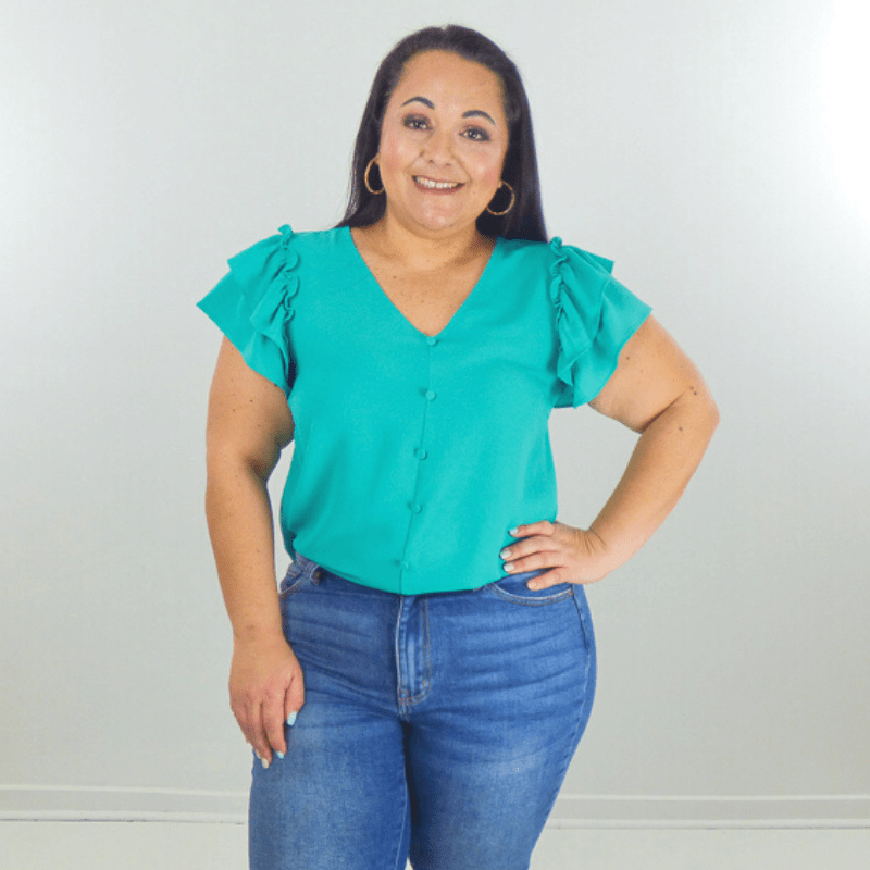 The Plus Size Double Ruffles Sleeves Top is full of femininity and fun. This V-necked top has ruffle sleeves that make it stand out from the crowd.