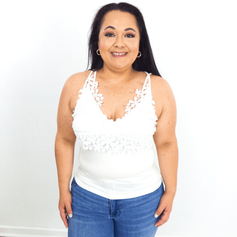 Our Floral Lace Detailed Cami is fun and flirty. It’s sleeveless and non-sheer in the bust with a high stretch fabric that makes it so comfortable to wear all day long.