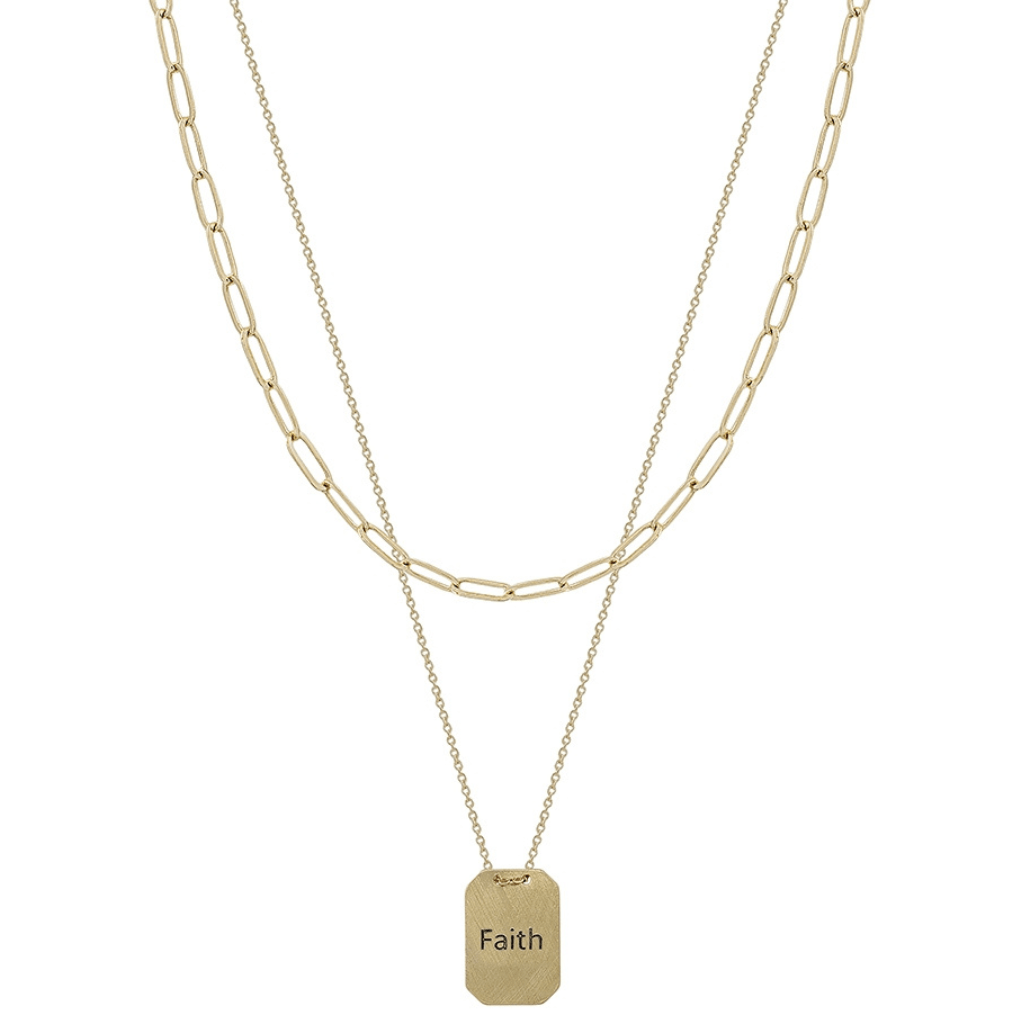 This double layered "Faith" necklace with a gold tone chain features an 18" extension so it can fit most neck sizes. The adjustable clasp makes this necklace very versatile.