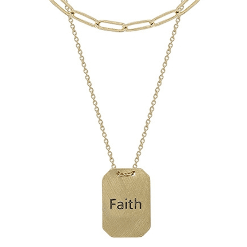 This double layered "Faith" necklace with a gold tone chain features an 18" extension so it can fit most neck sizes. The adjustable clasp makes this necklace very versatile.