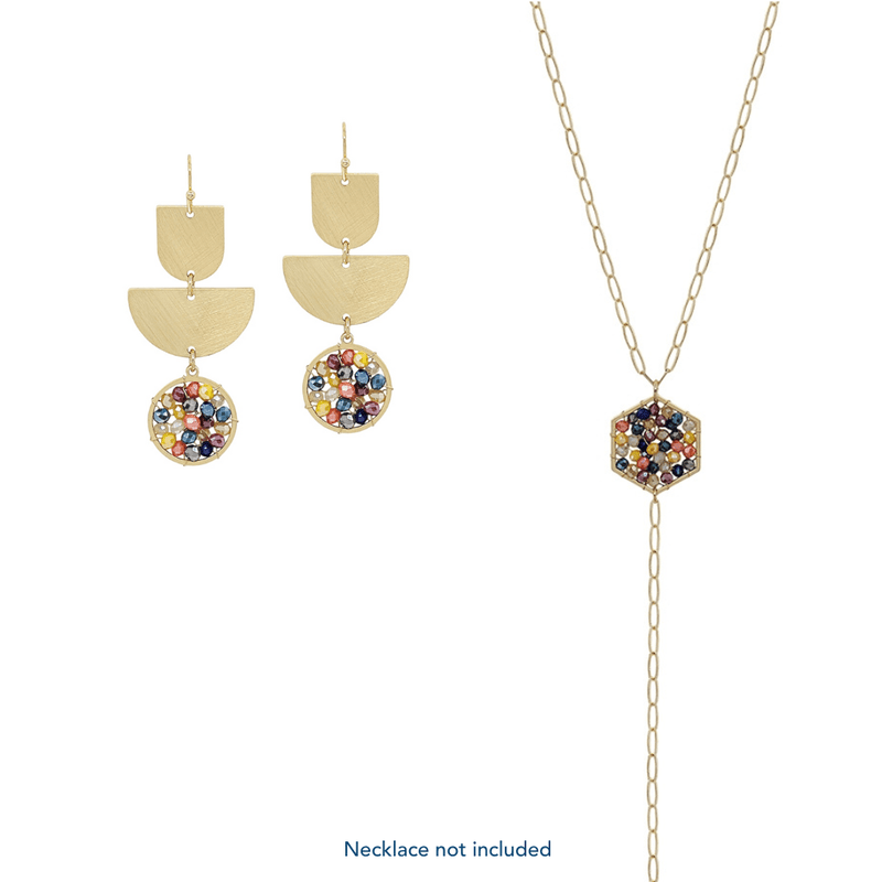 This stylish earring is designed with a gold geometric shape and accented with a variety of colorful crystals. 