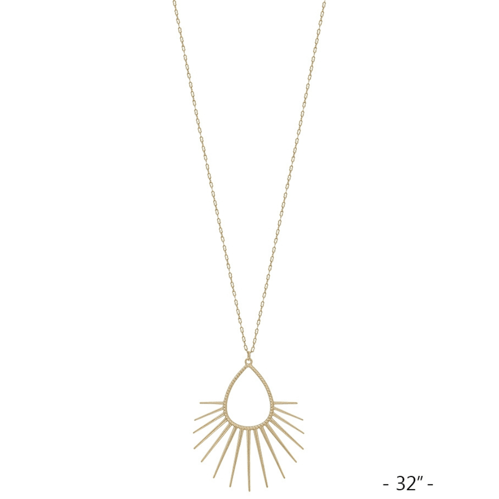 Our Matte Gold Spiked Starburst 32" Necklace features a beautiful design in gold, with spikes that form a starburst. The chain is 32" long.