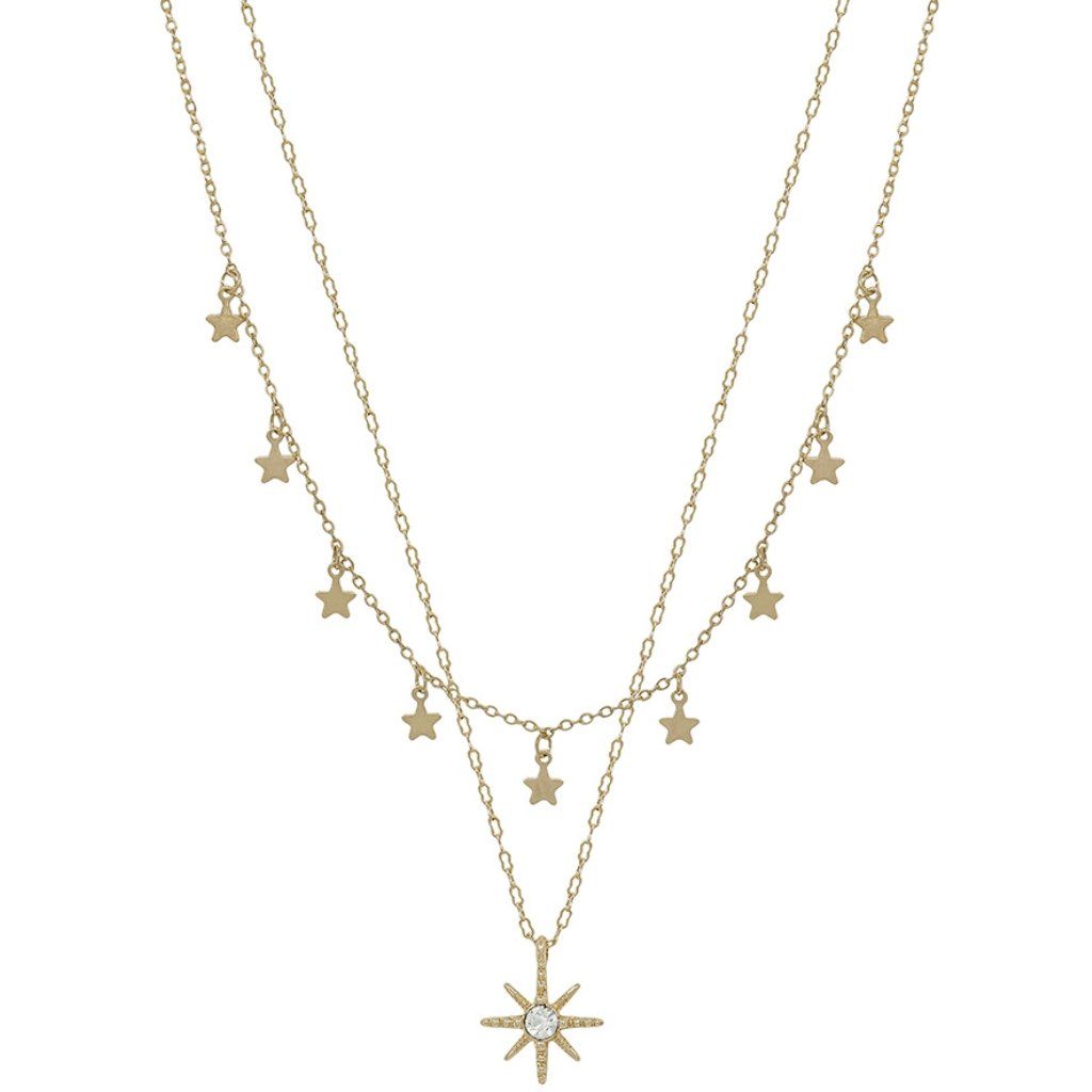 This is the perfect necklace for all ages! It features a double layer with nine stars and one starburst with white crystal.