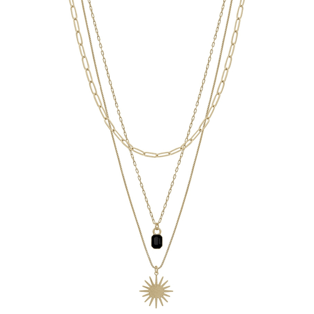 This sparkling Gold Starburst and Black Crystal Triple Layered 16"-18" Necklace is the perfect accessory to add to your outfit.