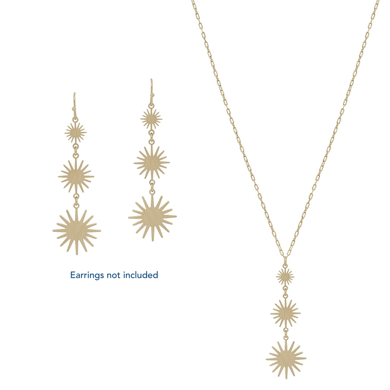 This is a classic Graduated Matte Gold Starburst Three Drop 16"-18" Necklace that can be worn by anyone. It's matte finish gives it an elevated look.