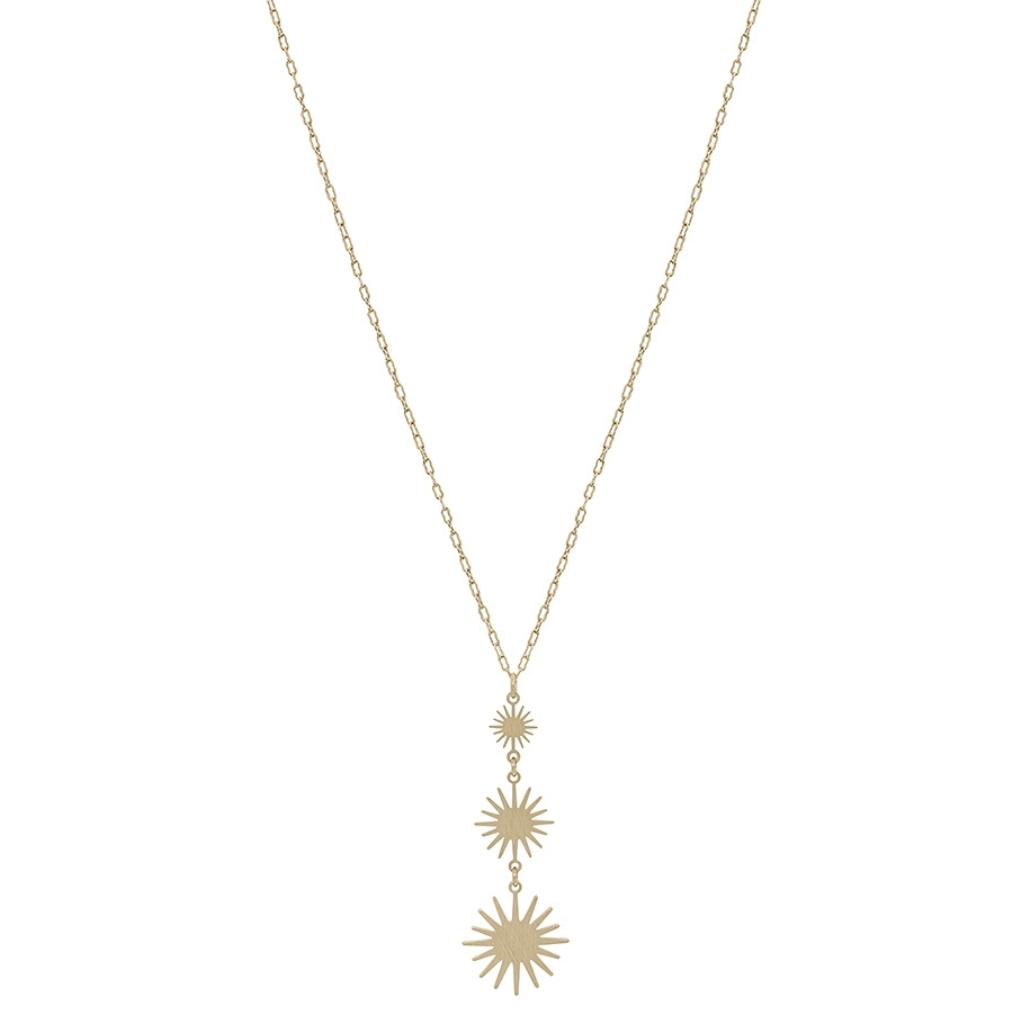 This is a classic Graduated Matte Gold Starburst Three Drop 16"-18" Necklace that can be worn by anyone. It's matte finish gives it an elevated look.