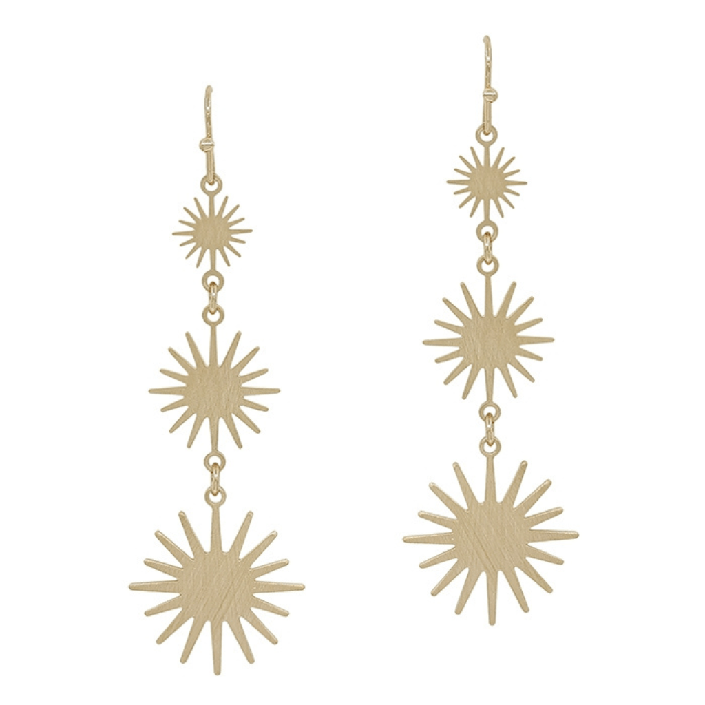 Graduated Gold Starburst Three Drop 1.75" Earring is an elegant pair. The earring design is simple but stunning; you will be sure to turn heads when wearing this pair.