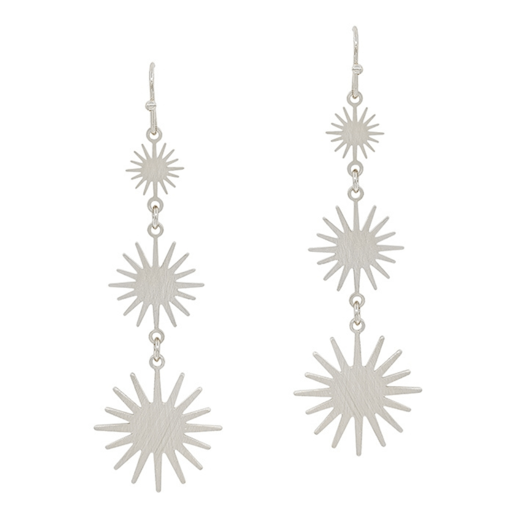 Graduated Silver Starburst Three Drop 1.75" Earring is an elegant pair. The earring design is simple but stunning; you will be sure to turn heads when wearing this pair.