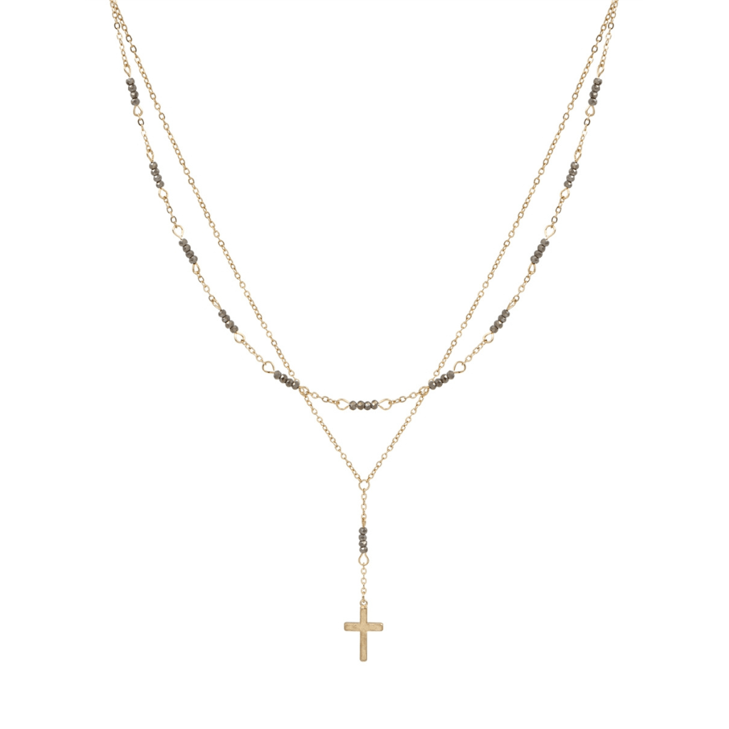 This Gold and Grey Crystal with Cross 18" Layered Necklace is a piece that you can wear every day. This necklace features two layers of gold tone metal with crystals and a cross as the centerpiece.