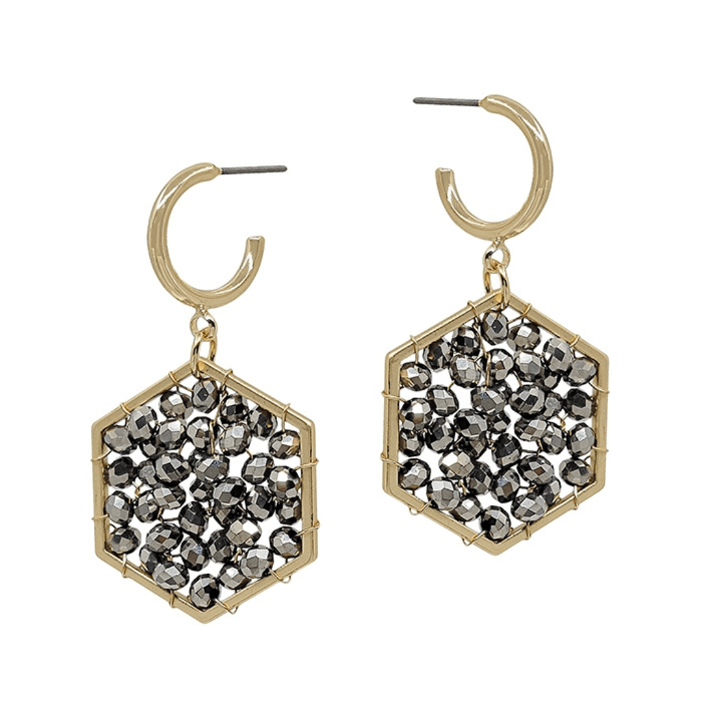 Style your outfit with our Crystal Hexagon 1.5" Drop Earring. Each earring has grey colored crystals that add extra glamour and sparkle!.