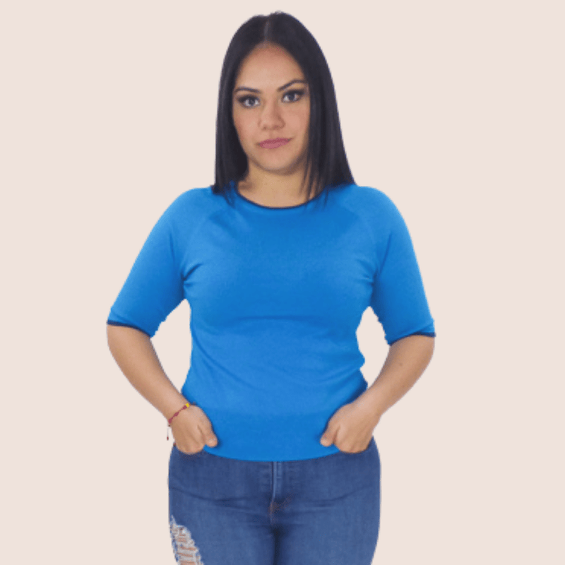 Style up your casual look with this two tone knit top. The slim fit and the straight ribbed hemline are crafted to create the perfect fit for an ultra-feminine silhouette.