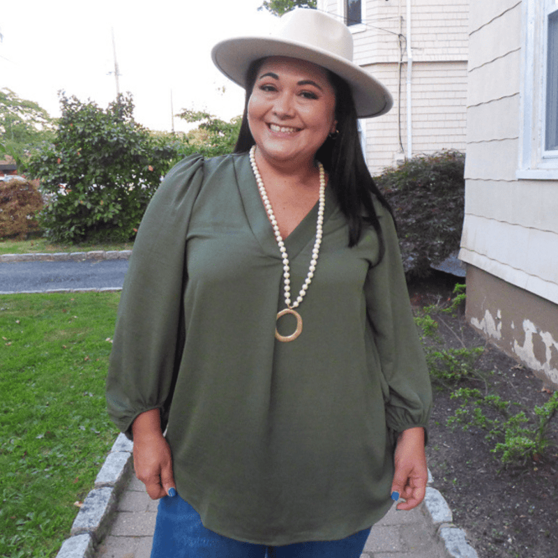 This classic & comfy plus size top is just what you are needing in your closet. It features long balloon sleeves, a super soft fabric, and an overlapping v-neck neckline.