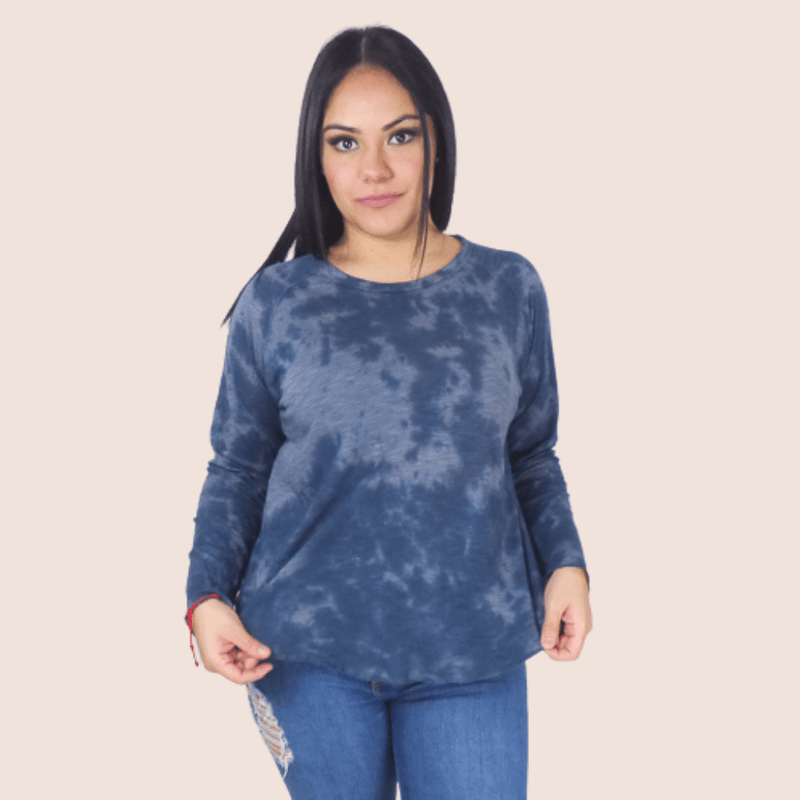 This Long Sleeve Tie-Dye Top is the perfect piece for this transitional season. Its round neckline and tie-dye print will add style while keeping you warm in this chilly weather.