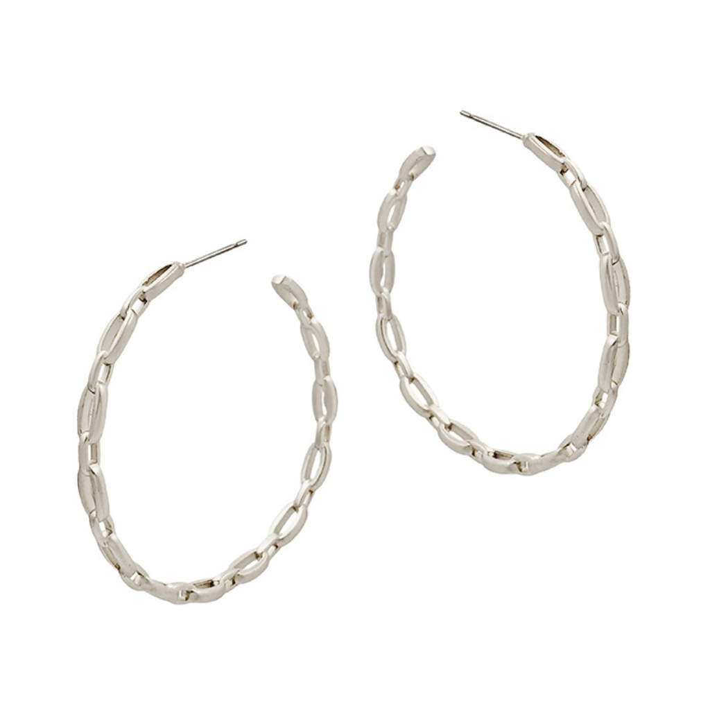 Elegant, stylish and sleek - this pair of Matte Silver Link Chain 2" Hoop Earring is a must-have for your jewelry collection. Available in Silver & Gold Color