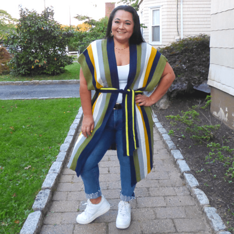 Feel chic and comfortable in this long kimono cardigan. The short sleeve style and multi-color stripe make it versatile enough to wear over any outfit and is great for casual gatherings.