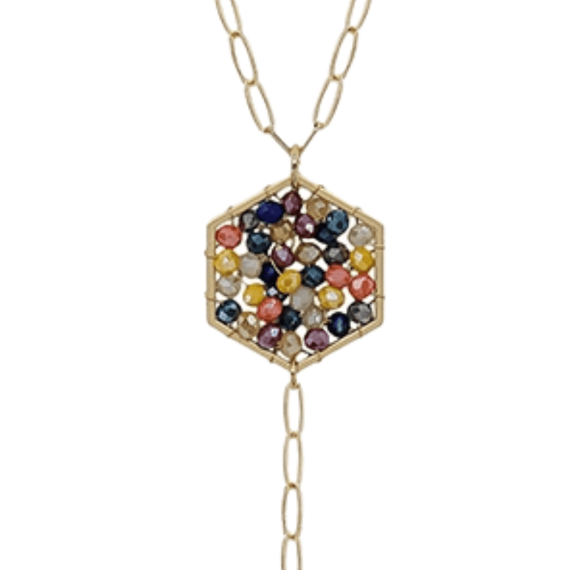 Beautiful, delicate and classic, our Multi Crystal Hexagon Y Drop 32" Necklace looks stunning when worn. It has a beautiful gold color and multi colored crystals.