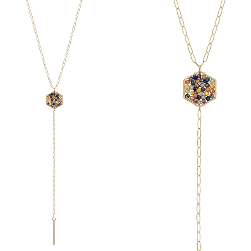 Beautiful, delicate and classic, our Multi Crystal Hexagon Y Drop 32" Necklace looks stunning when worn. It has a beautiful gold color and multi colored crystals.