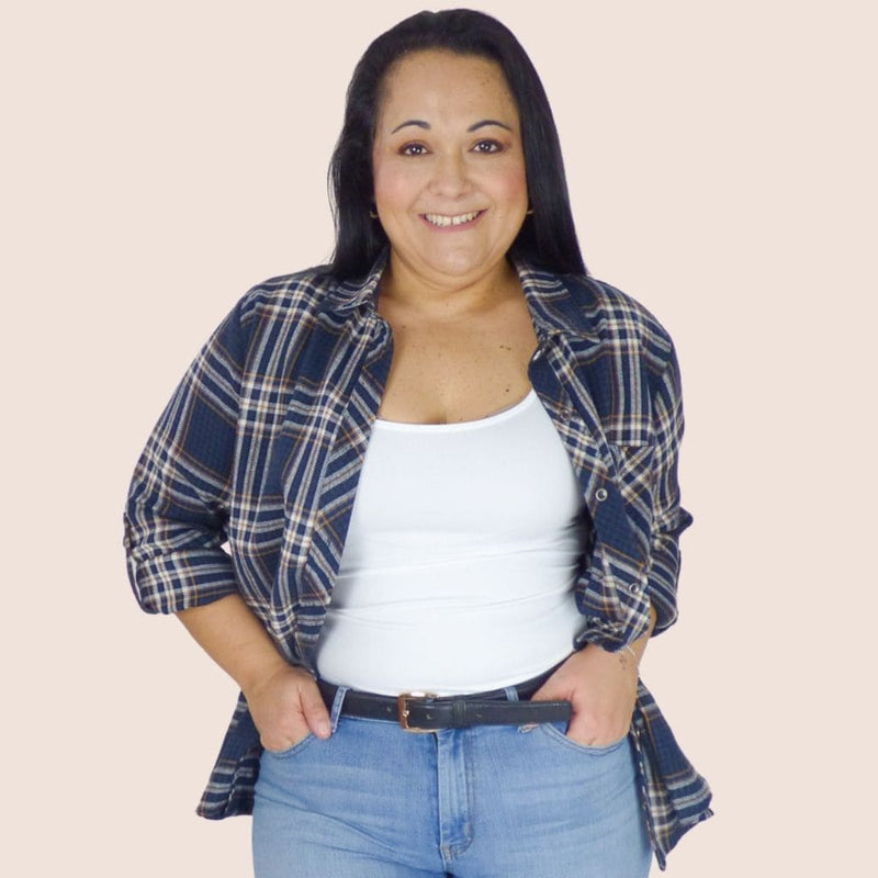 Classic preppy plus size plaid shirt. Includes roll up sleeves to add an edgy touch. Perfect for layering or wearing on its own.