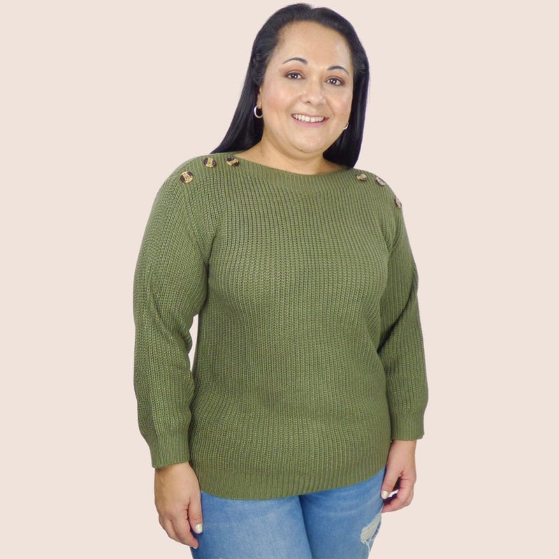 You'll be ready to dress for any occasion with this plus size long sleeve button detail pullover knit sweater. Great when you pair it with jeans or slacks.