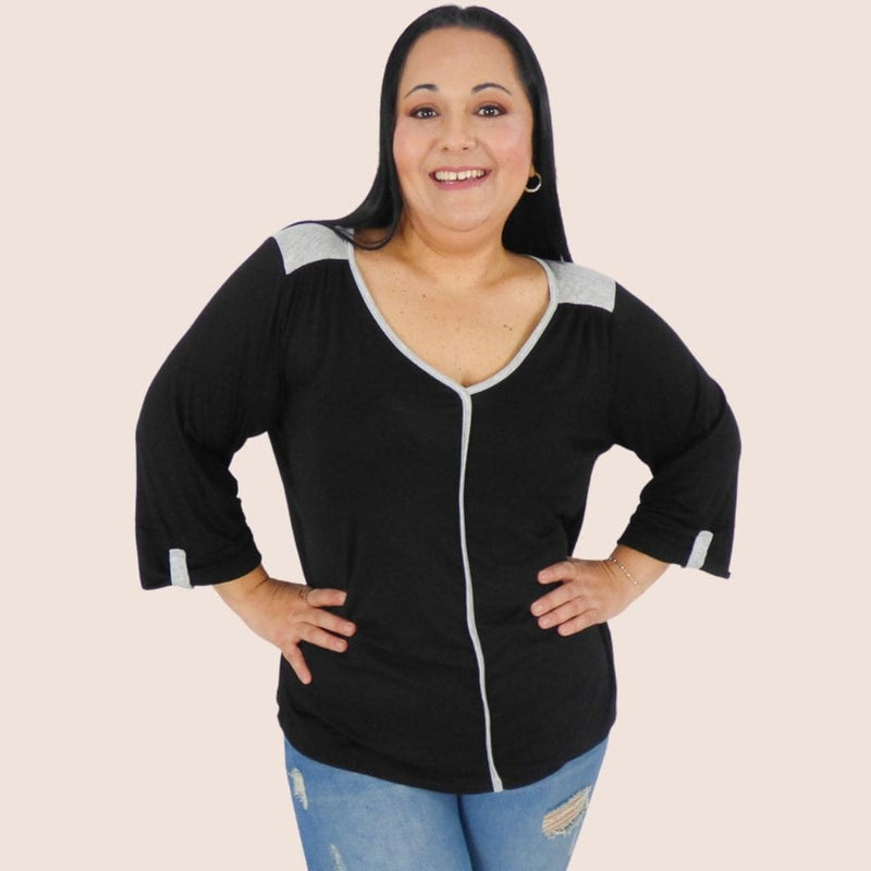 Plus Size 3/4 Sleeve Blouse with Contrast Trim. The dark grey on the shoulders and the front elongates the body and adds a feminine touch