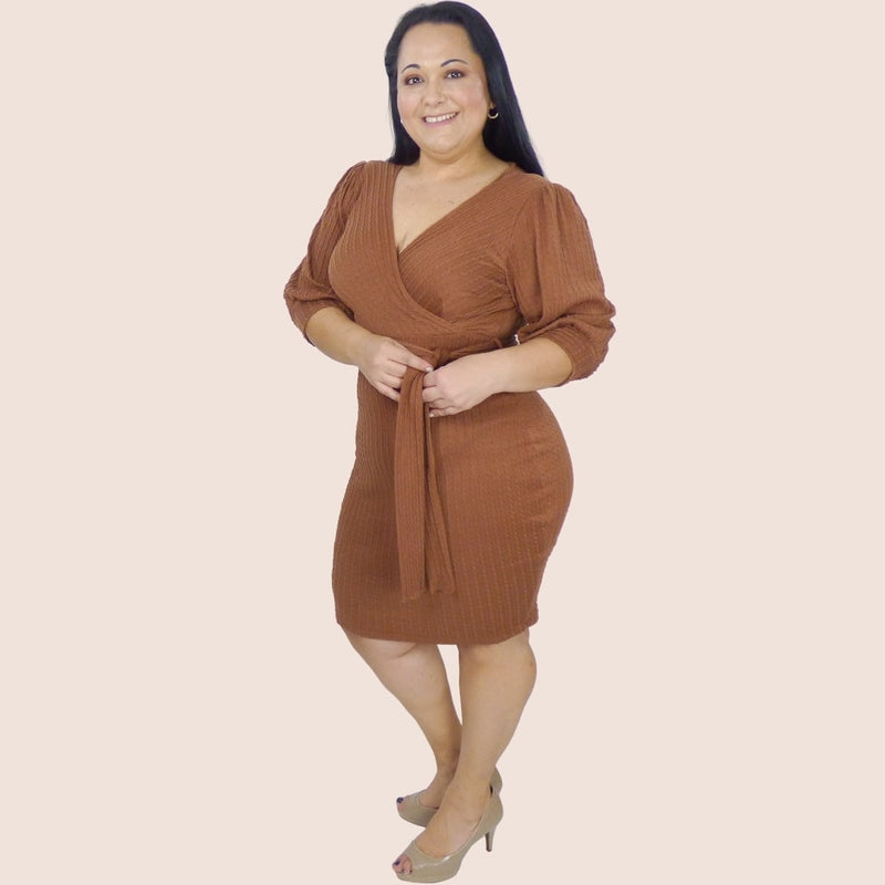 Our knit suplice plus-size midi dress is a classy look to show off your curves. The Long sleeves provide comfort and covering during the cooler months of the year.